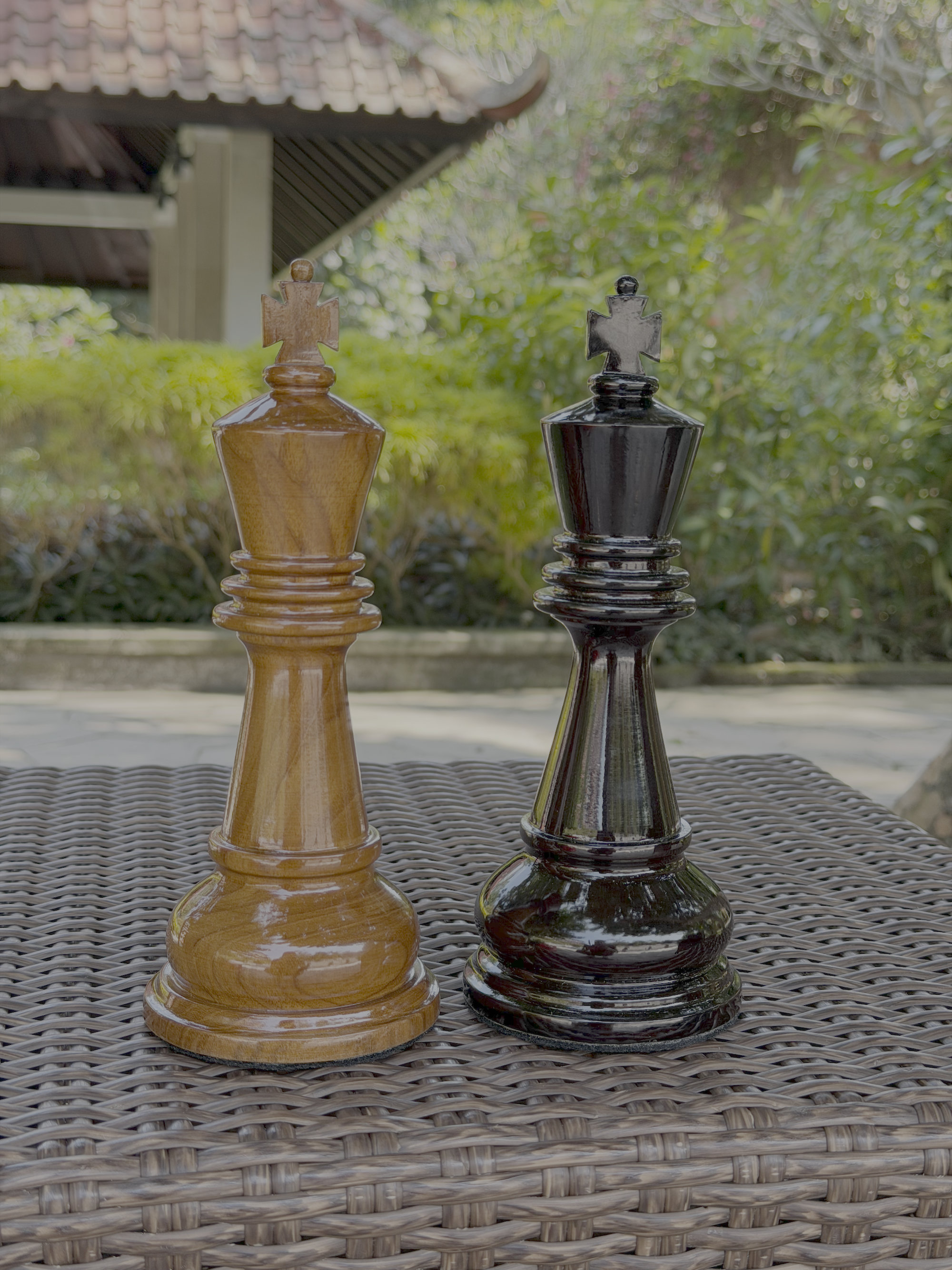 Modern Luxury Chess Lifestyle oversized outdoor chess set in luxury tropical resort environment