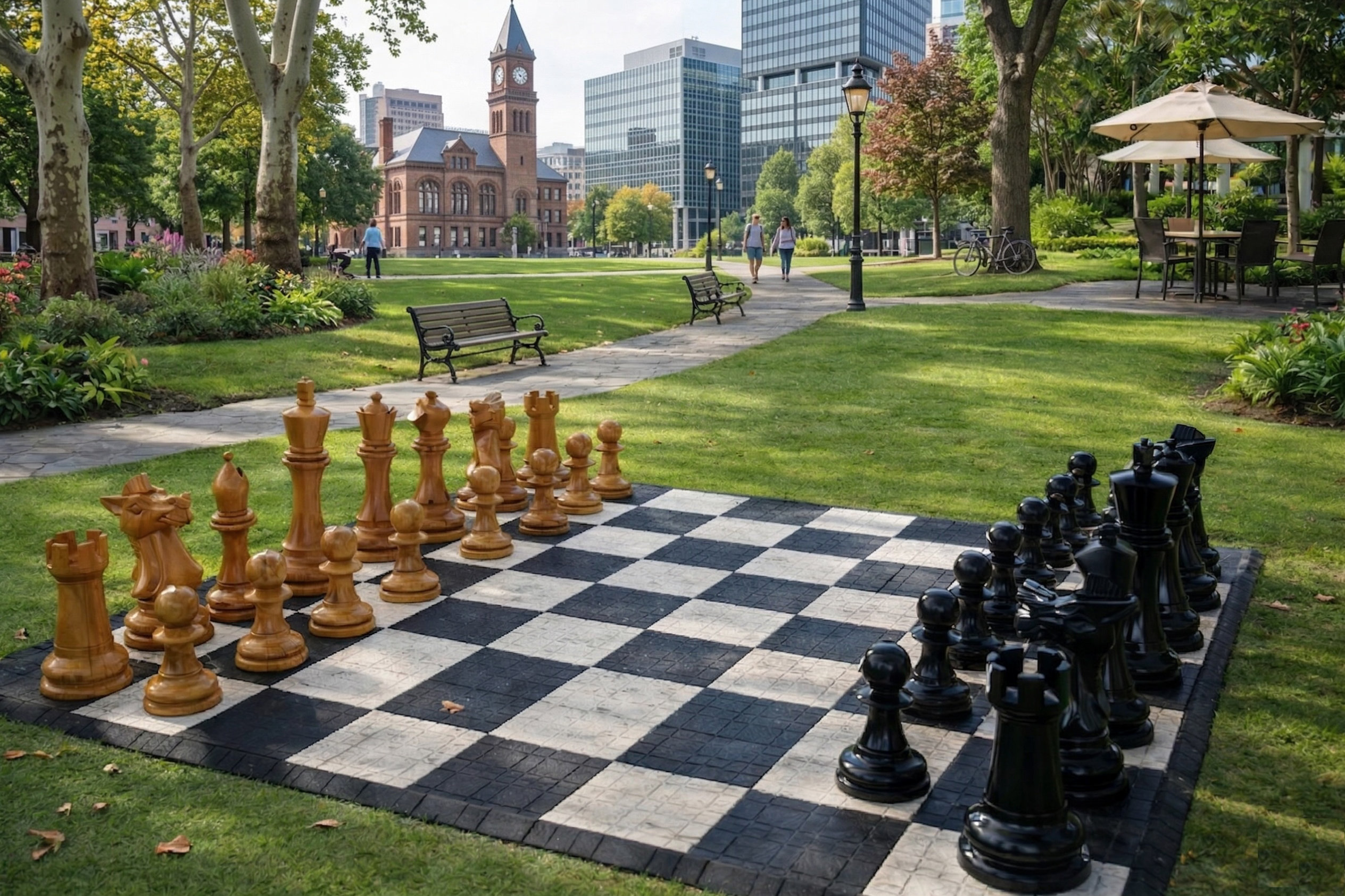 Premium Garden Chess Installation oversized outdoor chess set in luxury tropical resort environment
