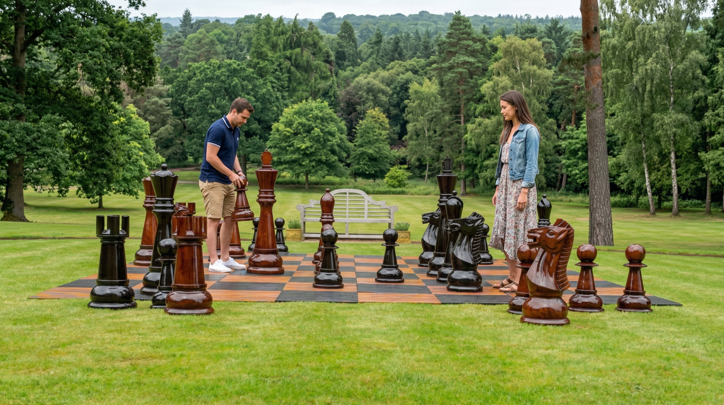 Premium Garden Chess Installation oversized outdoor chess set in luxury tropical resort environment