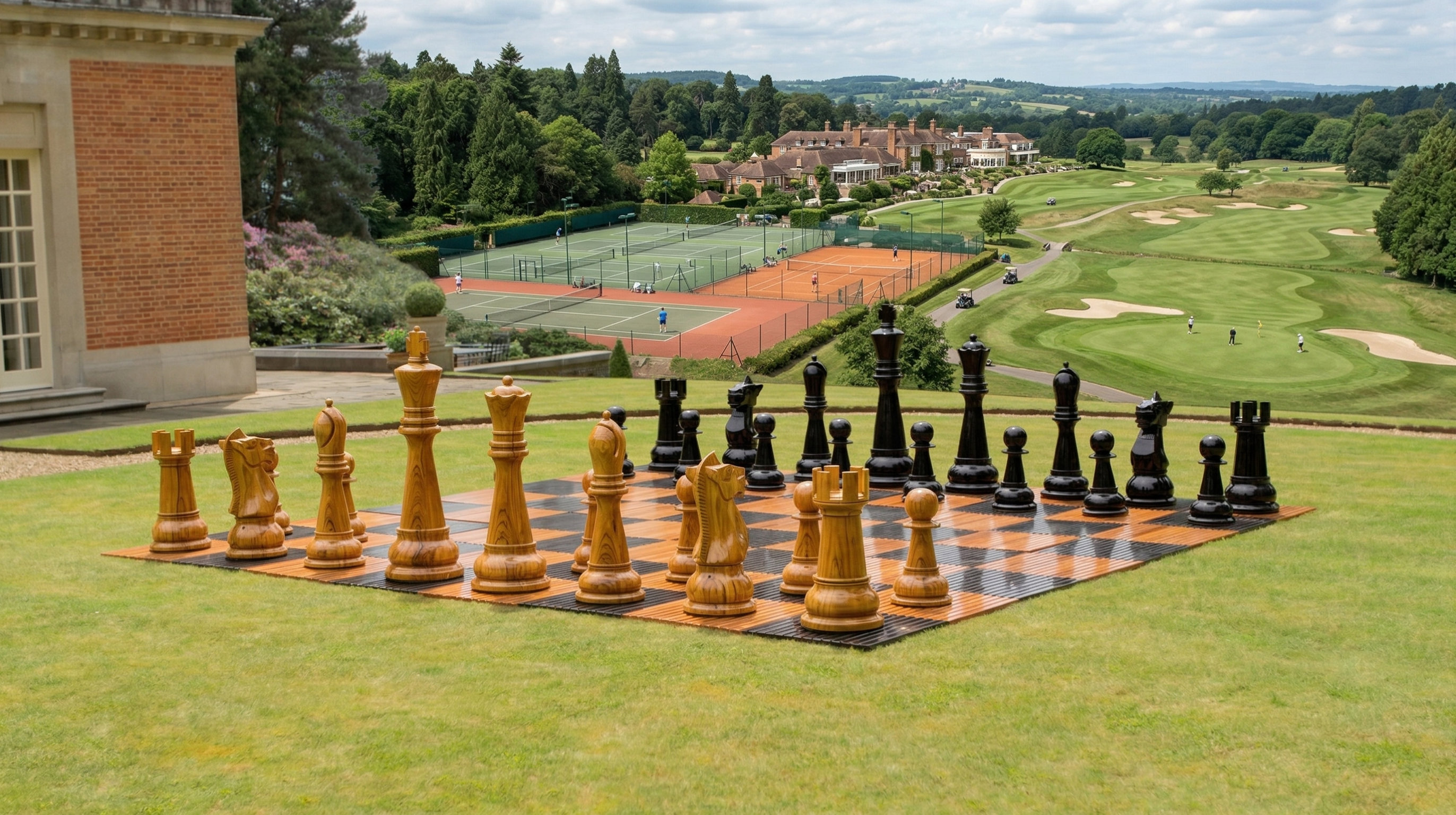 Handcrafted Giant Chess Showcase oversized outdoor chess set in luxury tropical resort environment