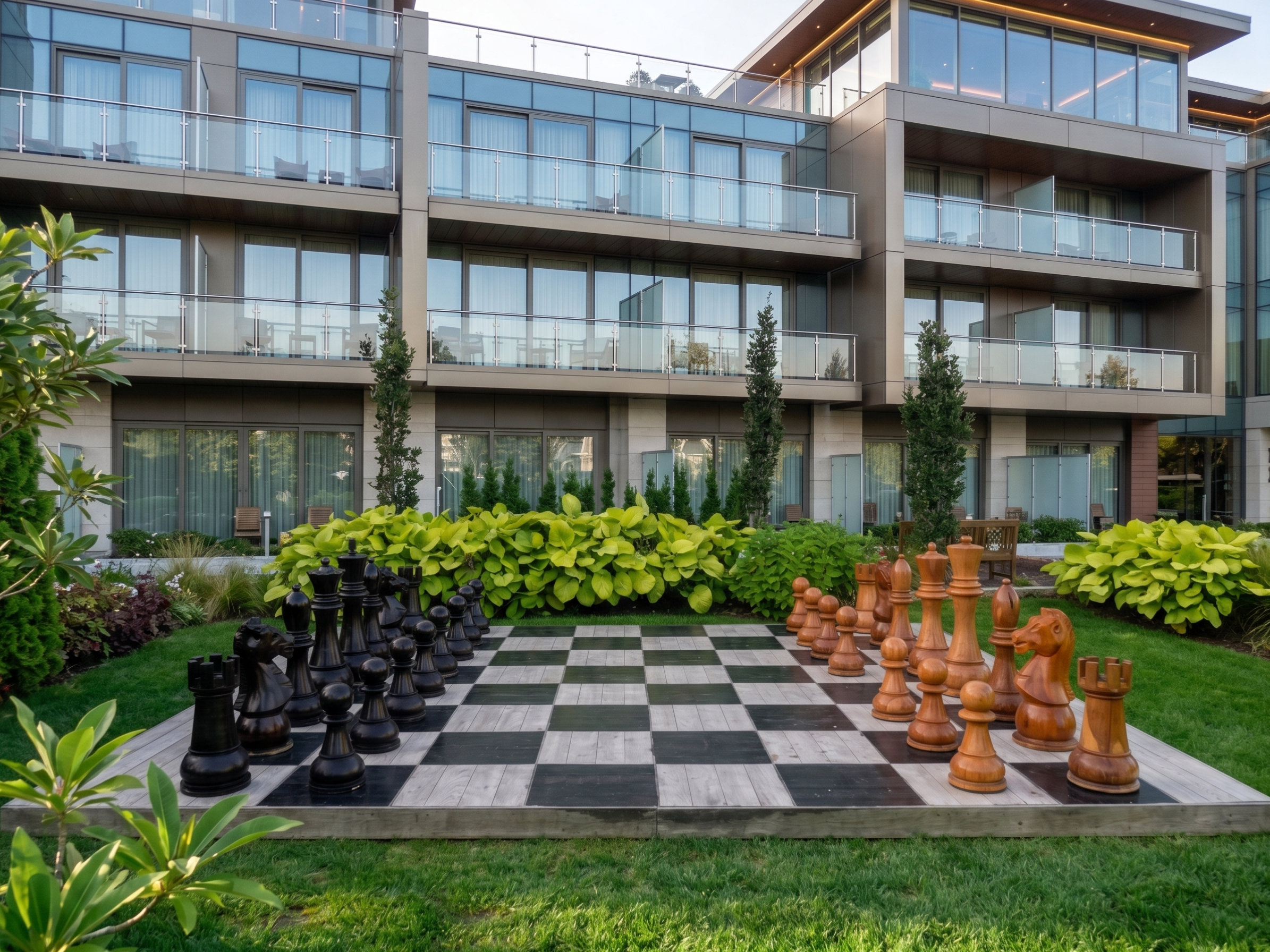 Premium Garden Chess Installation oversized outdoor chess set in luxury tropical resort environment