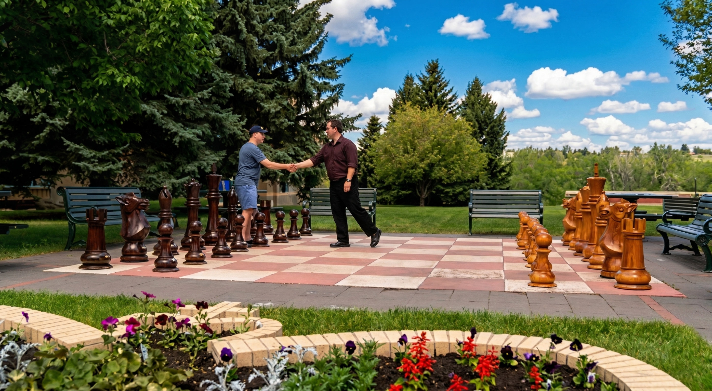 Elegant Outdoor Chess Collection oversized outdoor chess set in luxury tropical resort environment