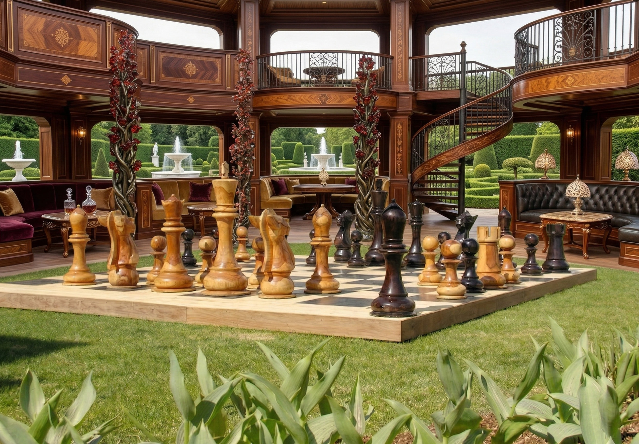 Premium Garden Chess Installation oversized outdoor chess set in luxury tropical resort environment