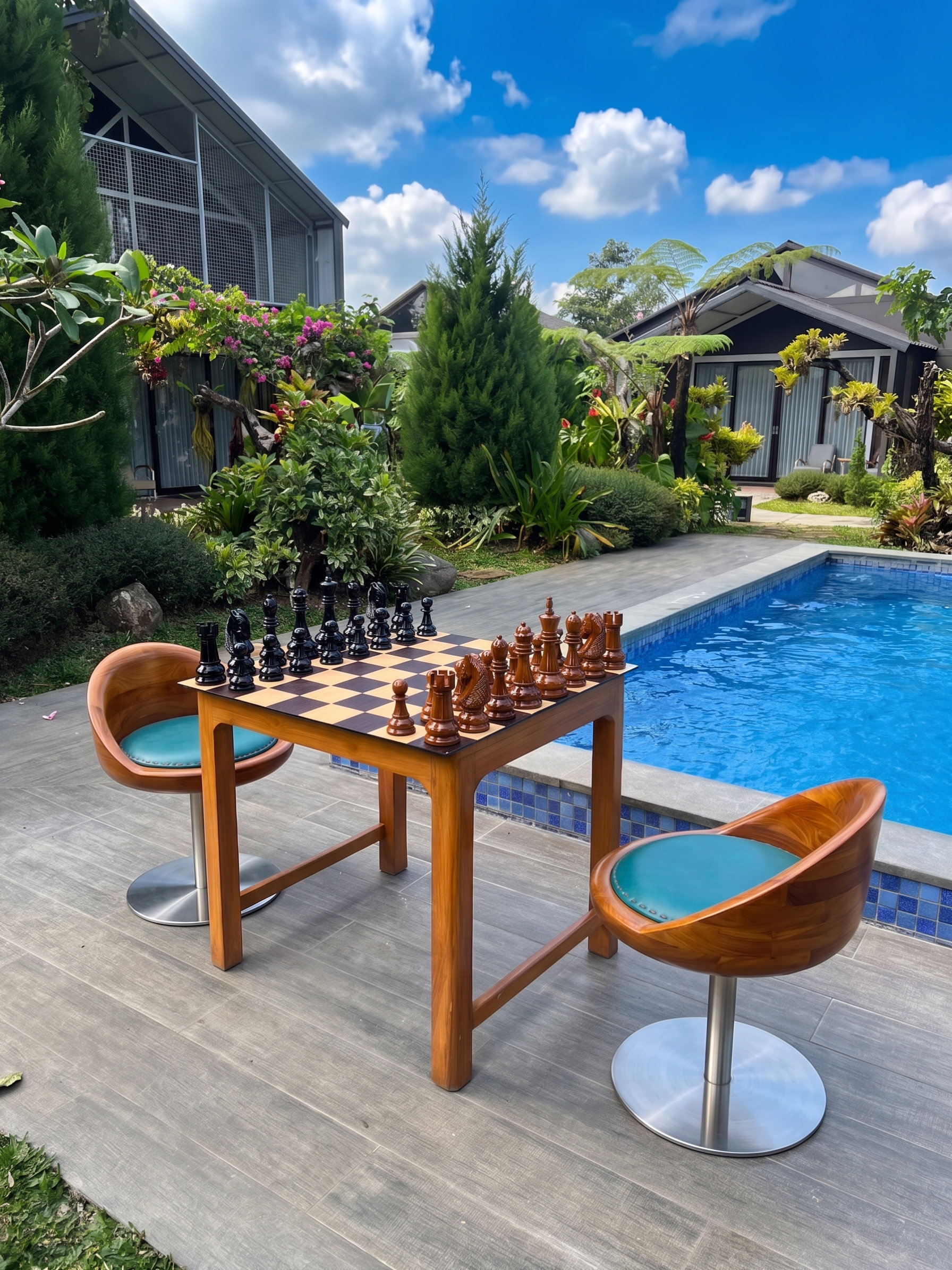 Exclusive Giant Chess Gallery oversized outdoor chess set in luxury tropical resort environment