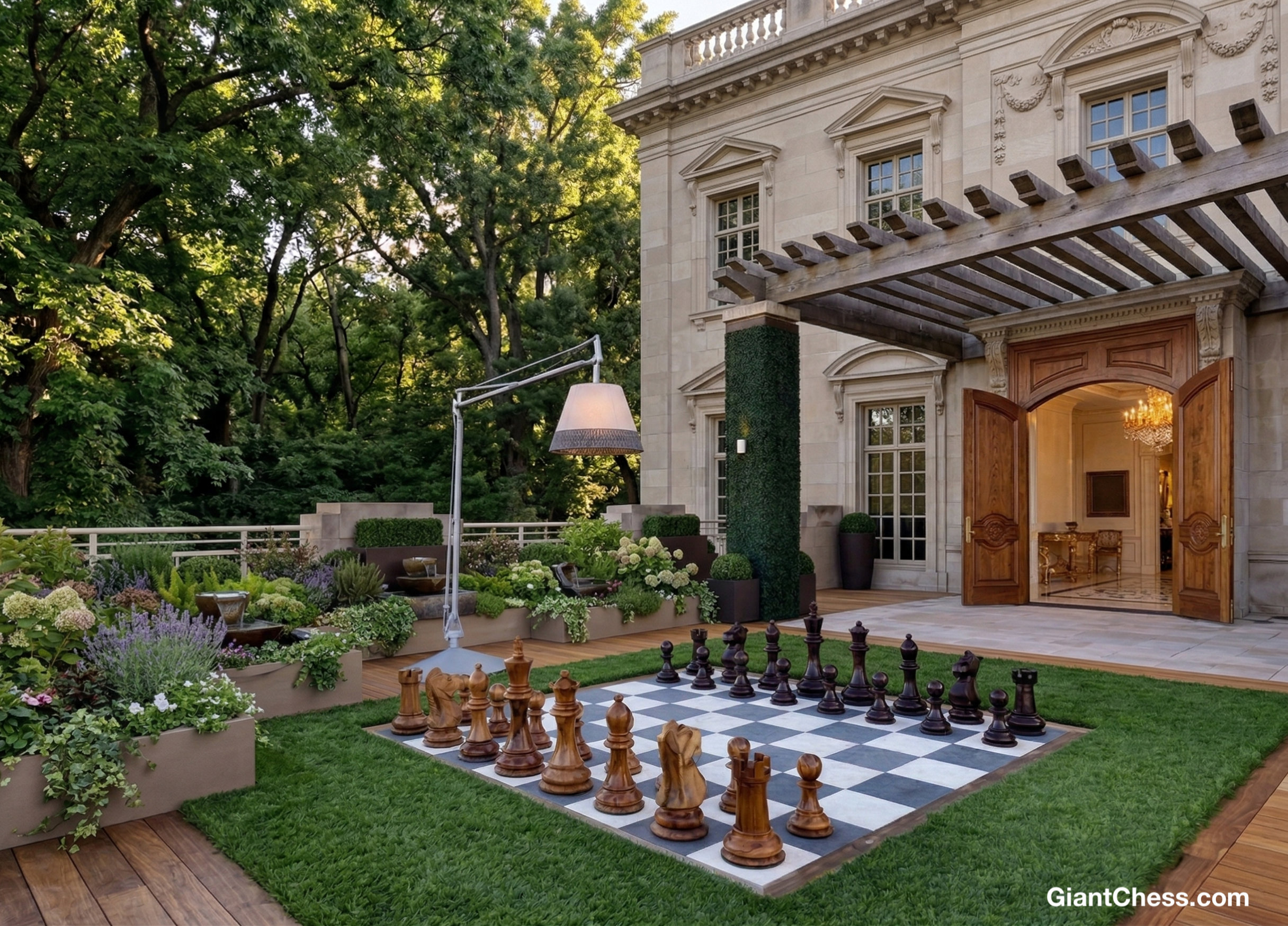 Tropical Giant Chess Escape oversized outdoor chess set in luxury tropical resort environment