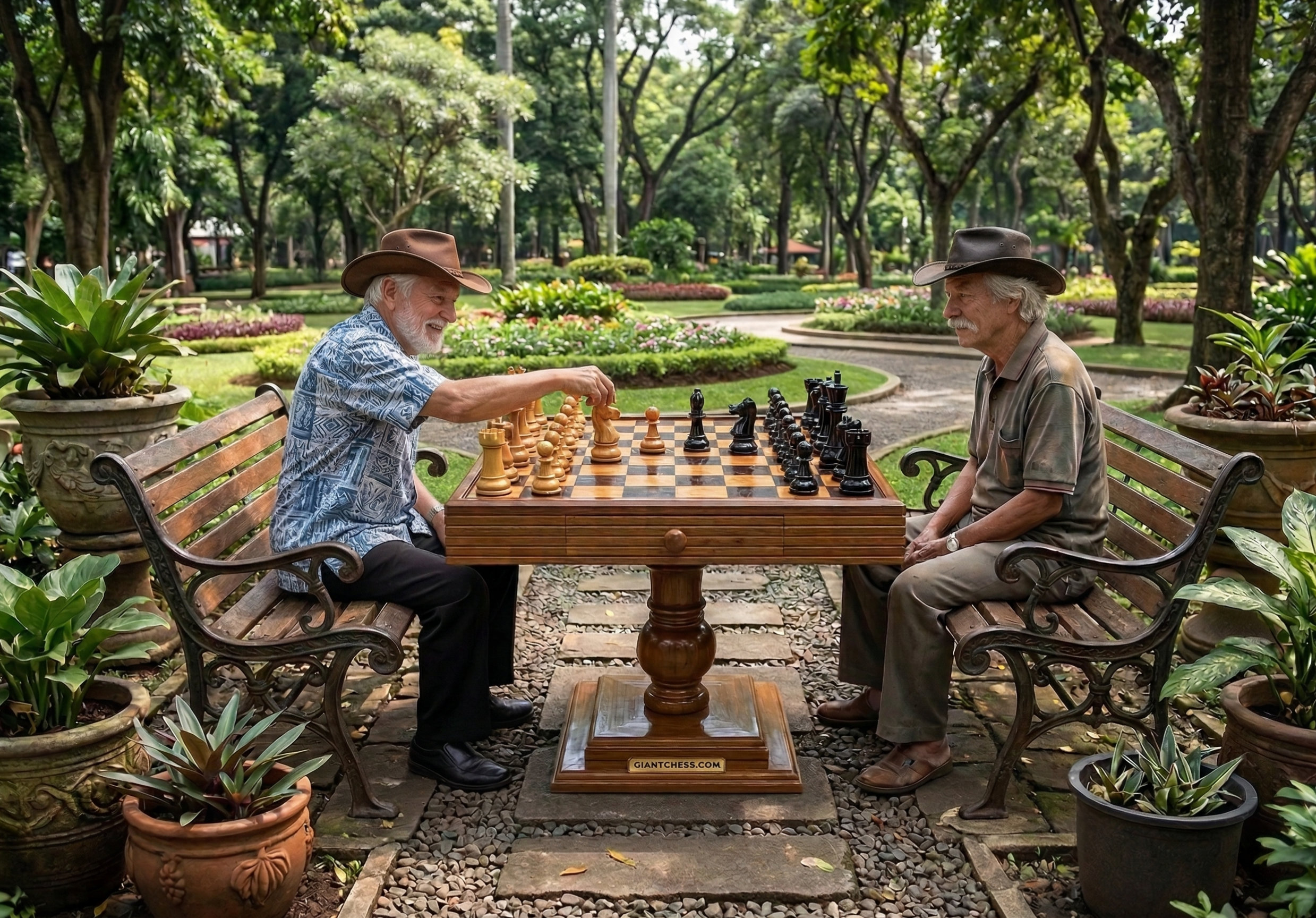Premium Garden Chess Installation oversized outdoor chess set in luxury tropical resort environment