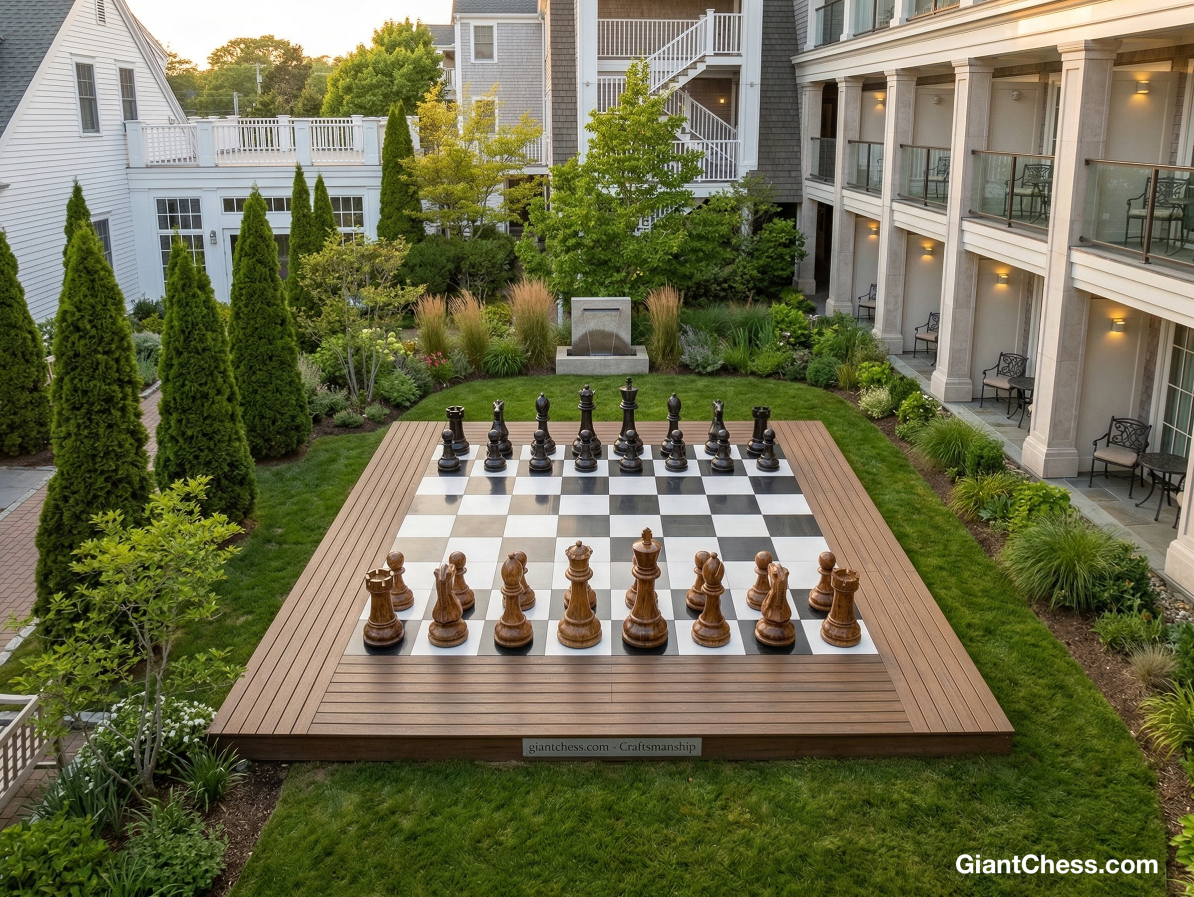 Handcrafted Giant Chess Showcase oversized outdoor chess set in luxury tropical resort environment