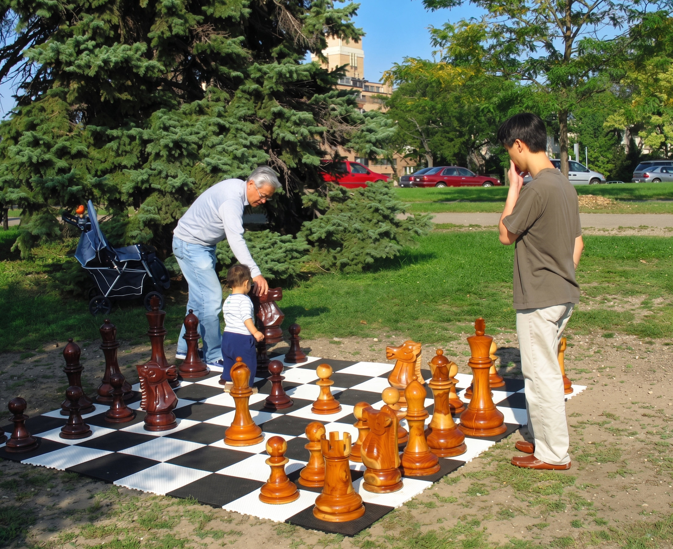 Exclusive Giant Chess Gallery oversized outdoor chess set in luxury tropical resort environment