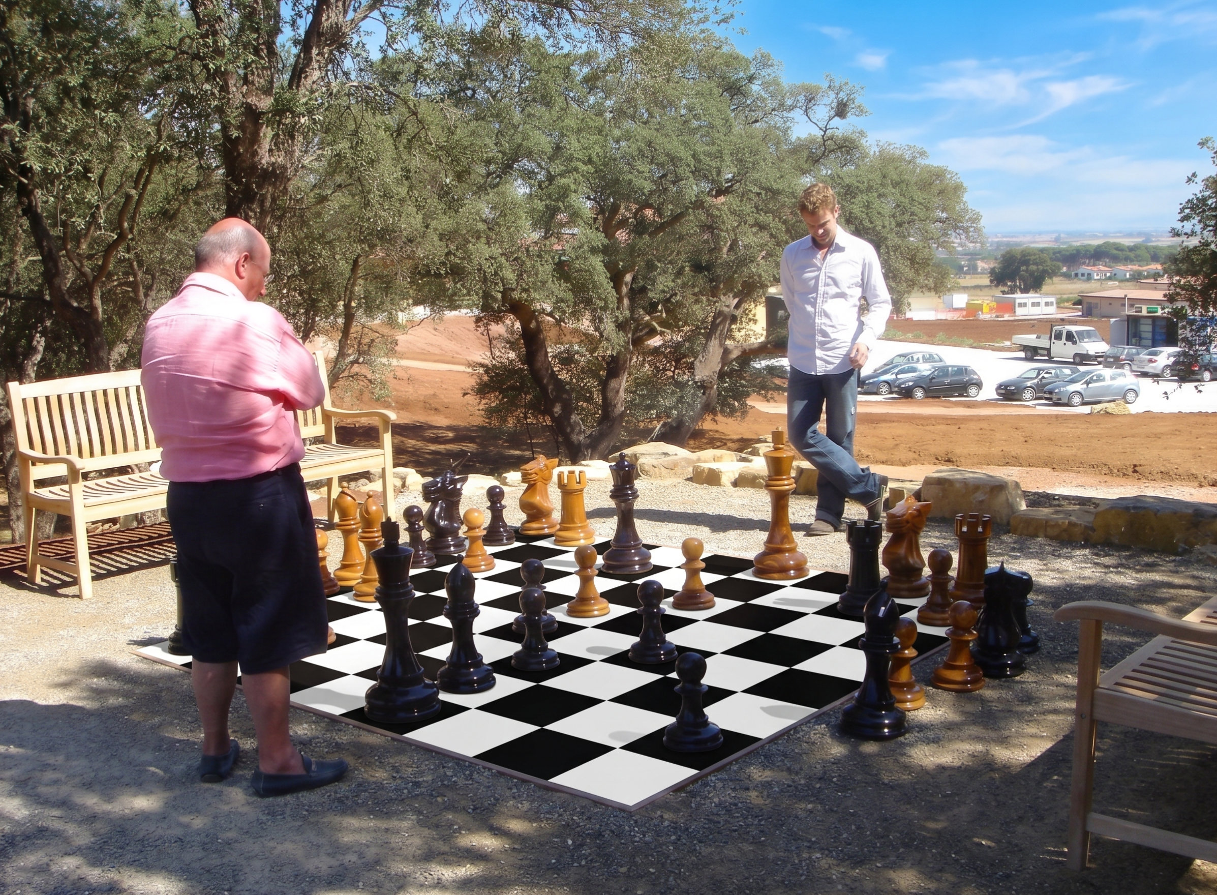 Tropical Giant Chess Escape oversized outdoor chess set in luxury tropical resort environment