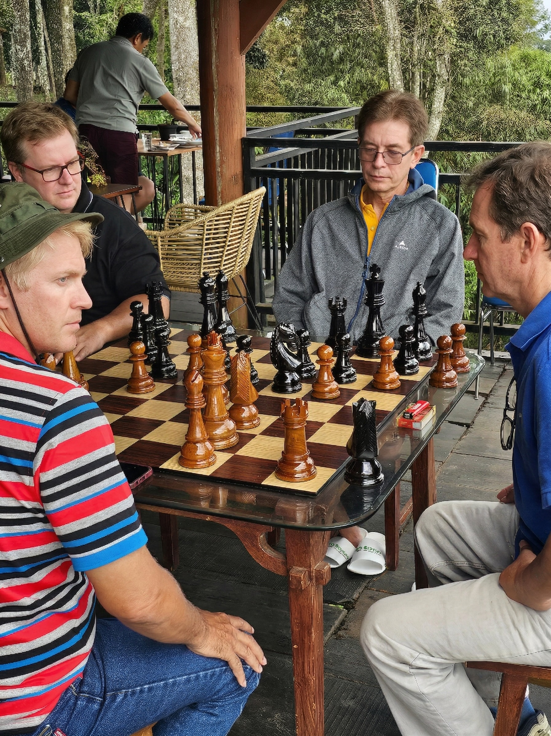 Premium Garden Chess Installation oversized outdoor chess set in luxury tropical resort environment