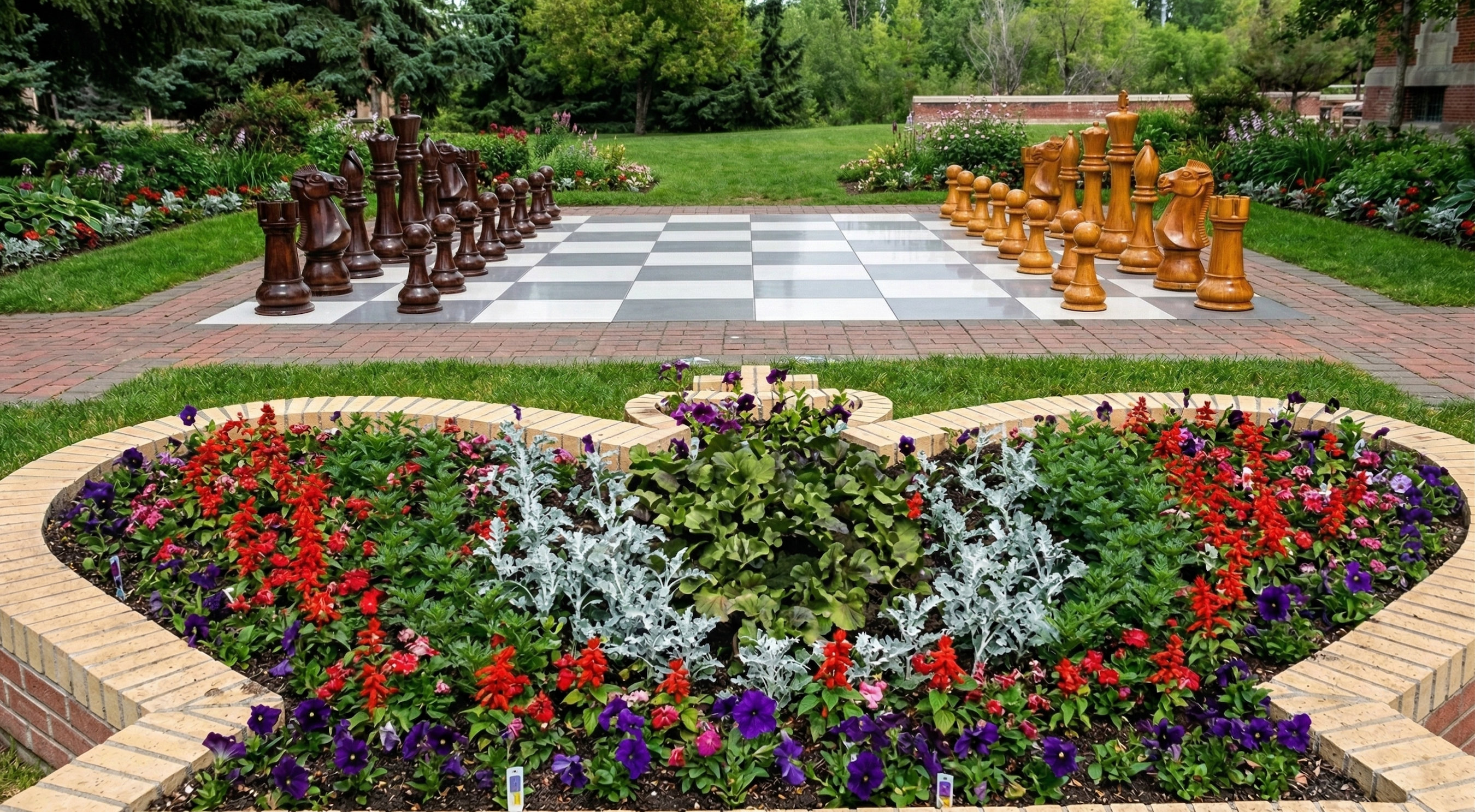 Modern Luxury Chess Lifestyle oversized outdoor chess set in luxury tropical resort environment