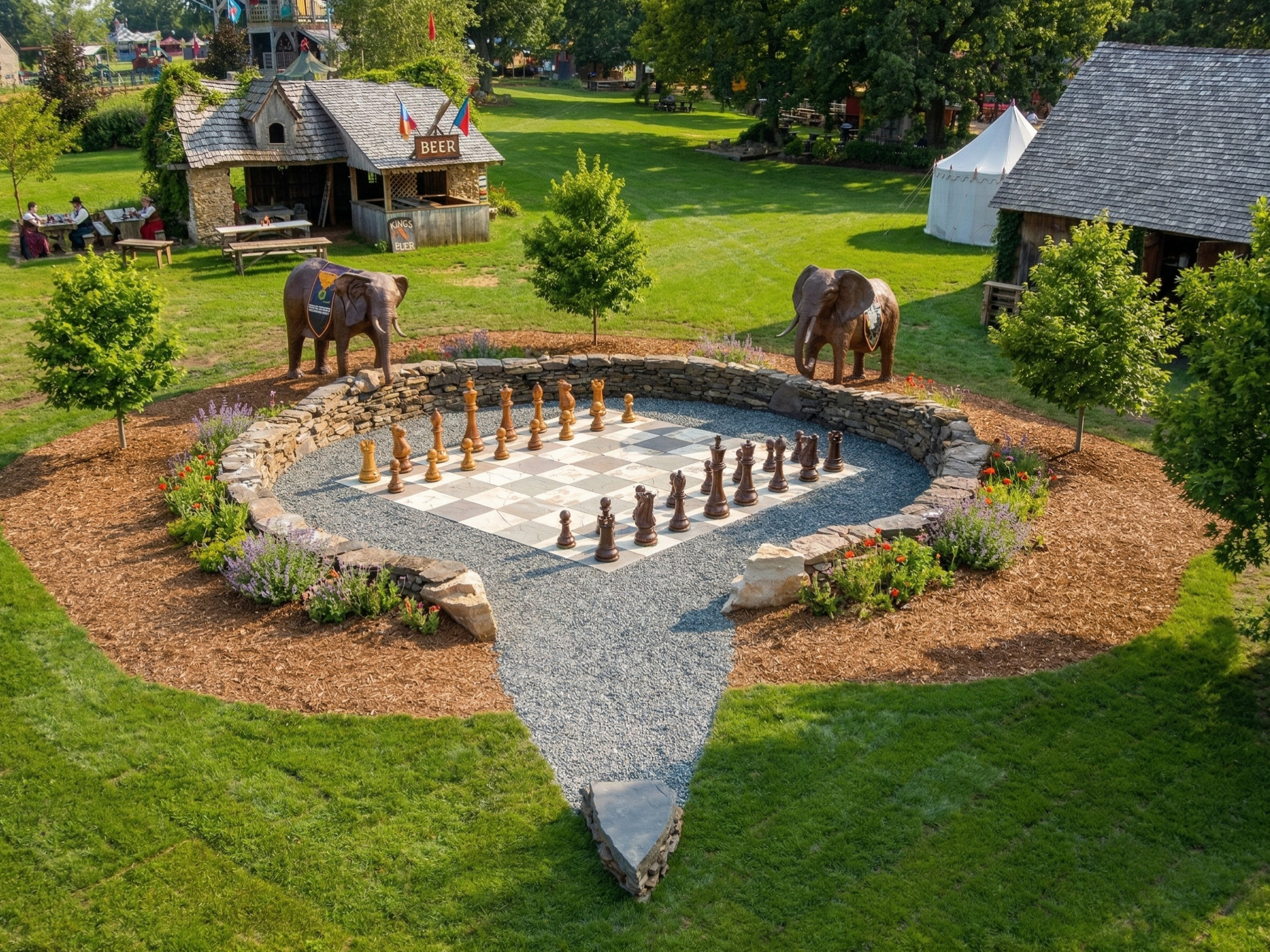 Tropical Giant Chess Escape oversized outdoor chess set in luxury tropical resort environment