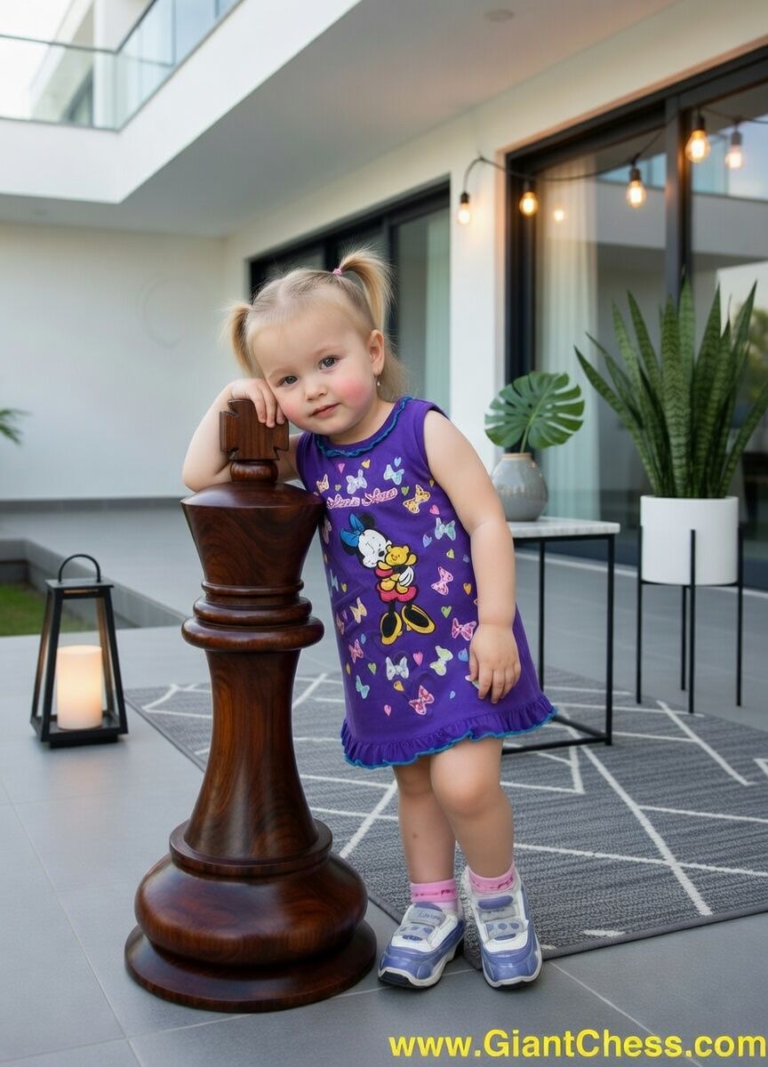 Thumbnail for Cute blonde toddler meets a giant wooden chess king on a modern terrace._